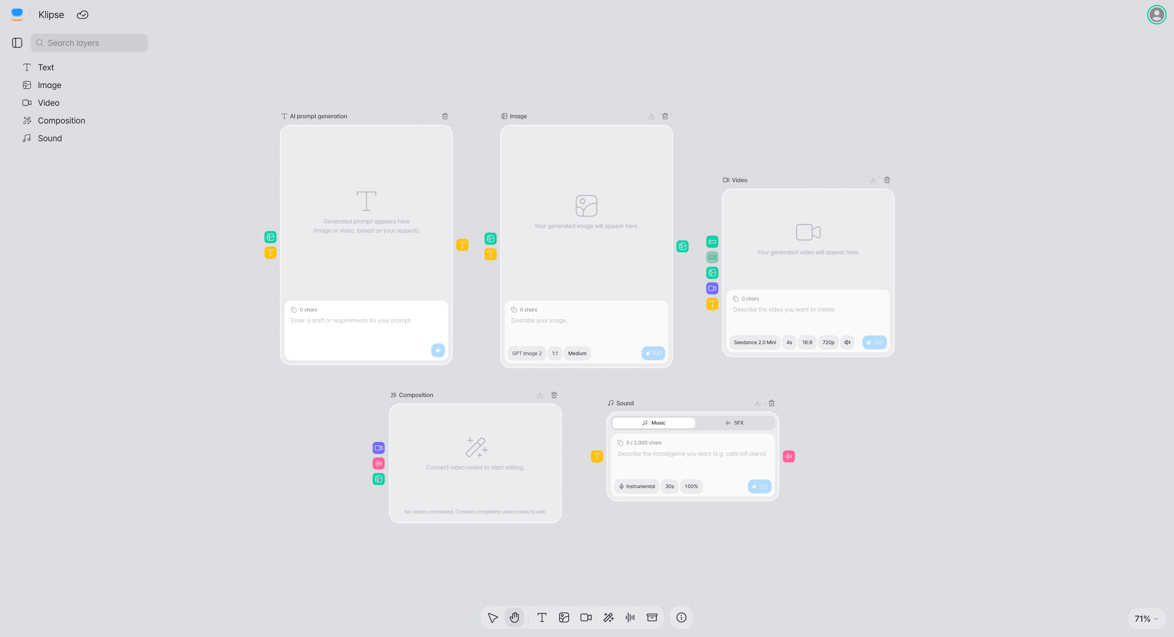 The settings area of the AI prompt, image, video, Composition, and sound nodes