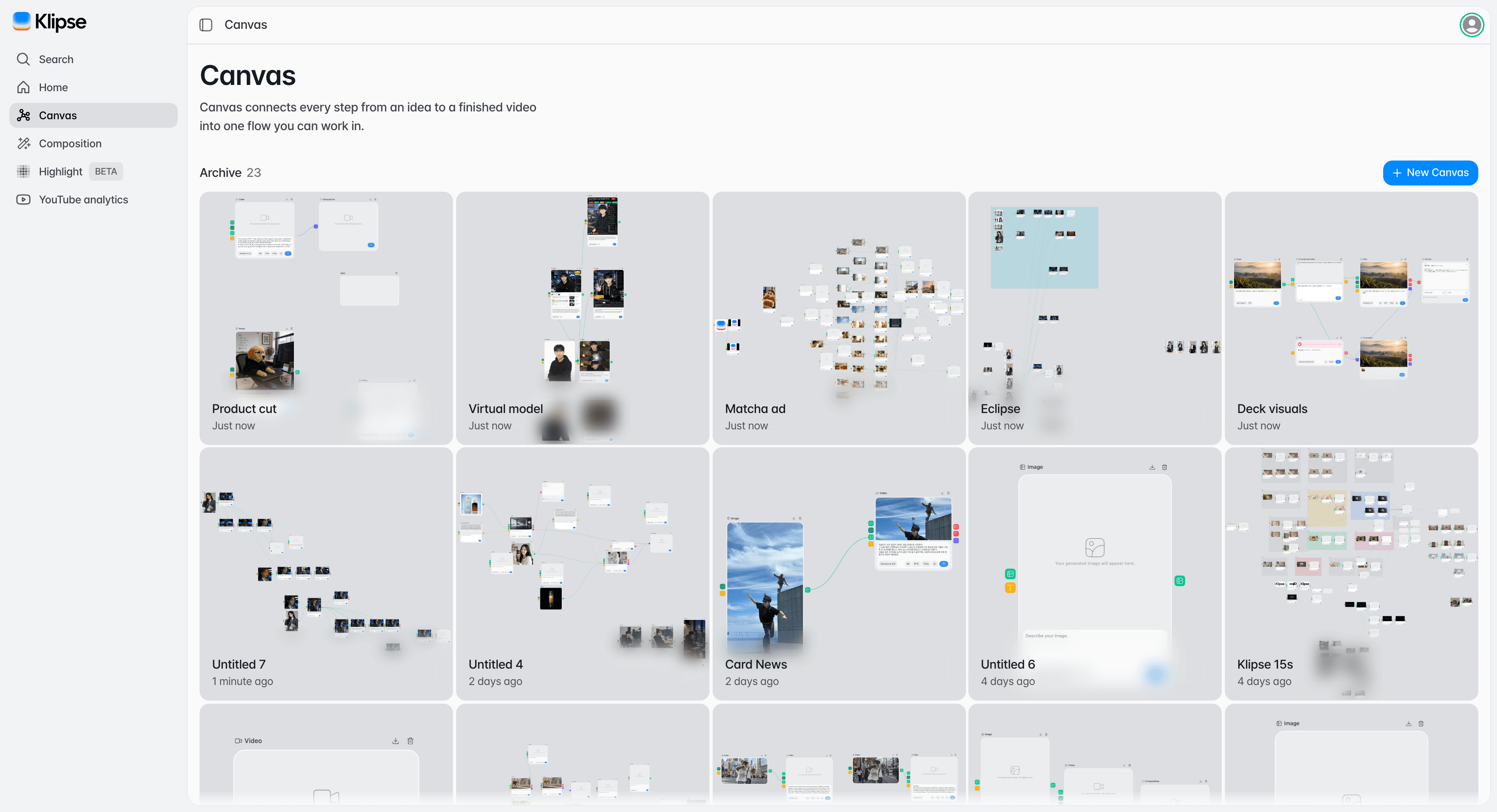 The Canvas project list with saved project cards
