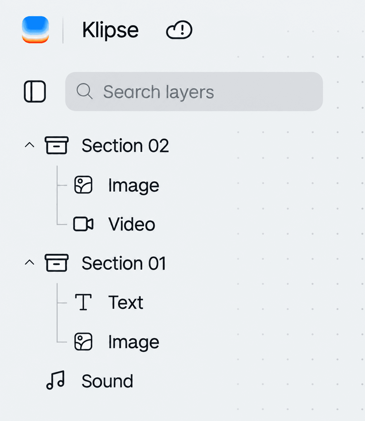 The Klipse Canvas layer panel with nodes grouped into two sections