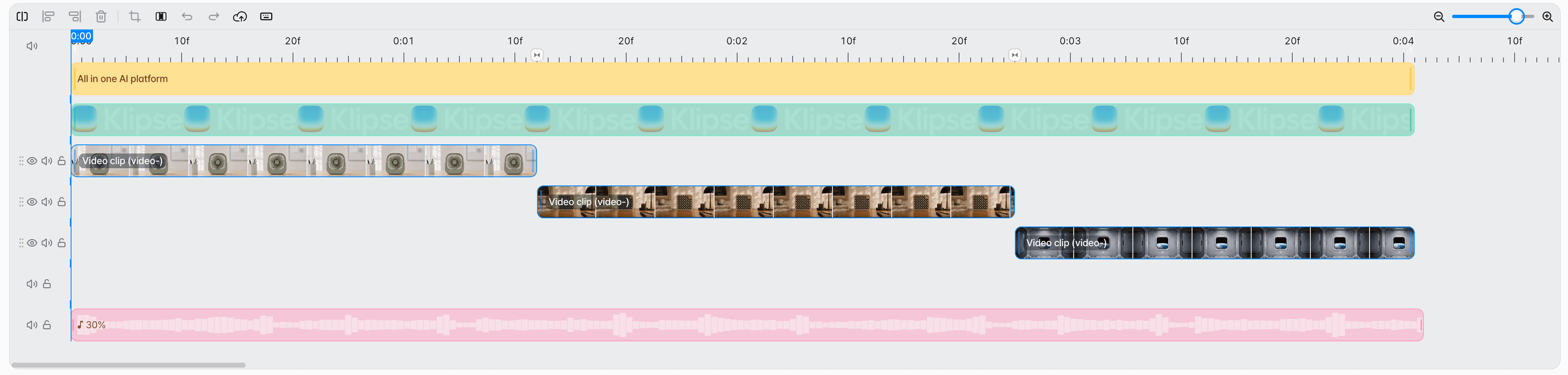 A timeline stacking a subtitle, a logo image, three video clip tracks with staggered starts, and a background music track from top to bottom