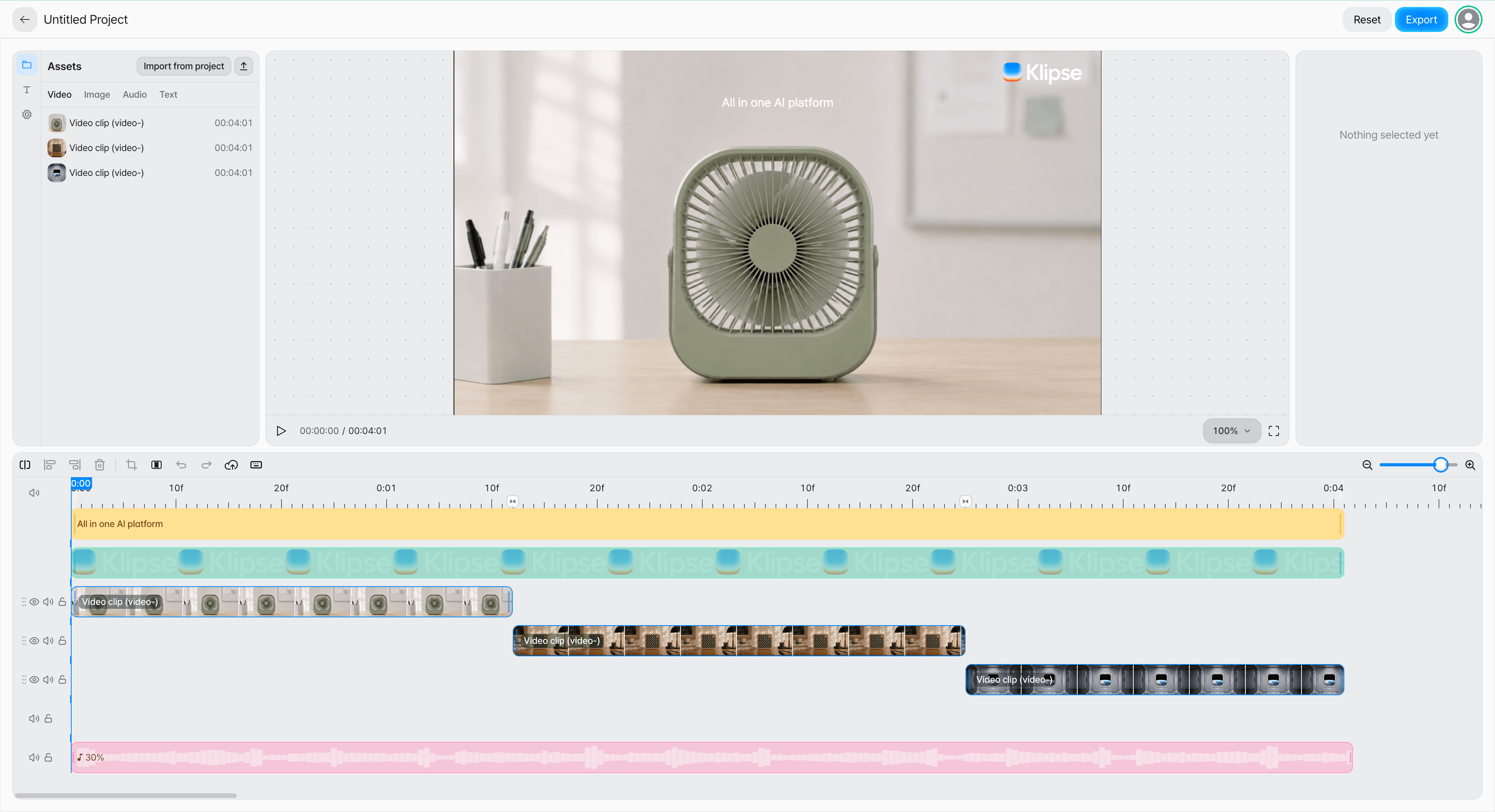 A timeline with subtitle and logo tracks above three video clips that start at different points, and Preview