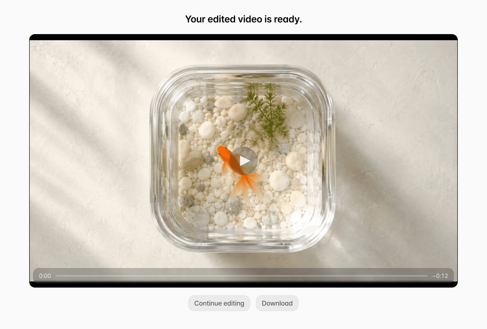 The result screen for a video finished from Composition in the sidebar, with the player and the Continue editing and Download buttons