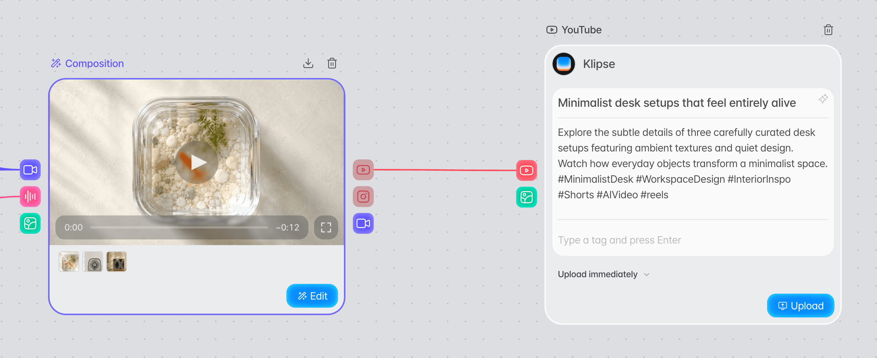 A Canvas view with the Composition node connected to a YouTube upload node that has a title and description entered