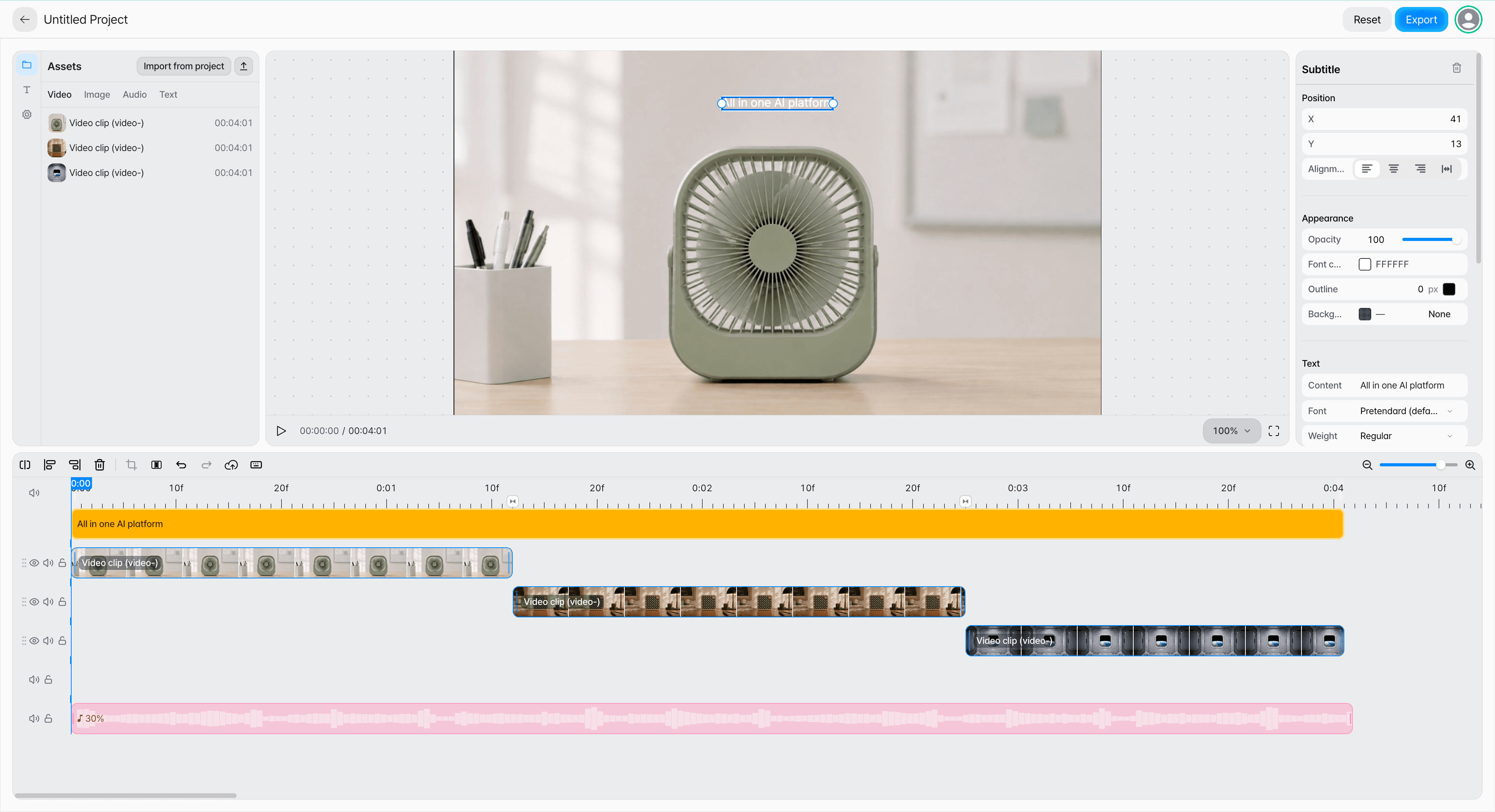 A subtitle selected in Preview with the Subtitle panel open on the right