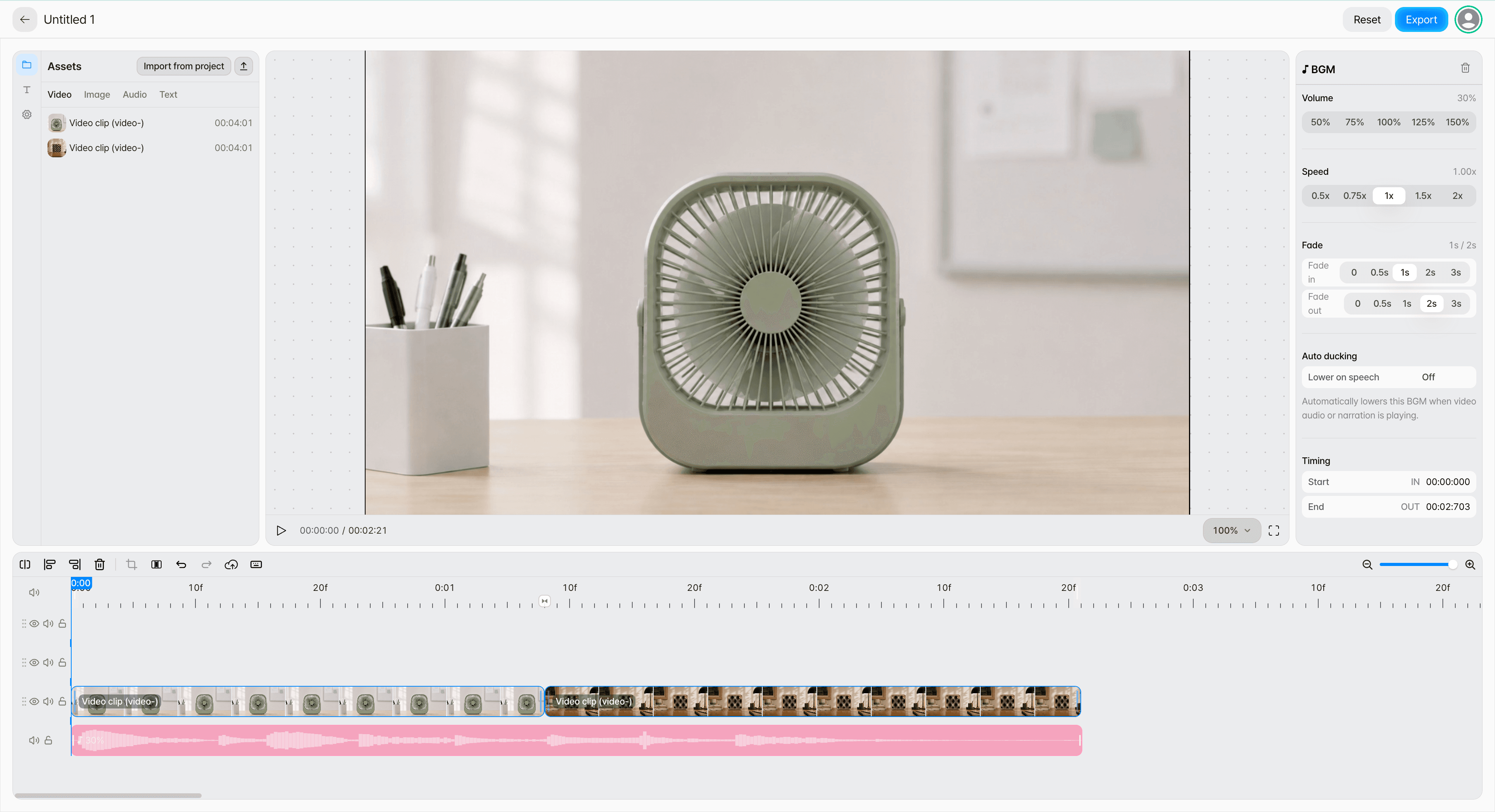 The Composition screen with two video clips in Assets and, on the right, the settings for the background music selected on the timeline
