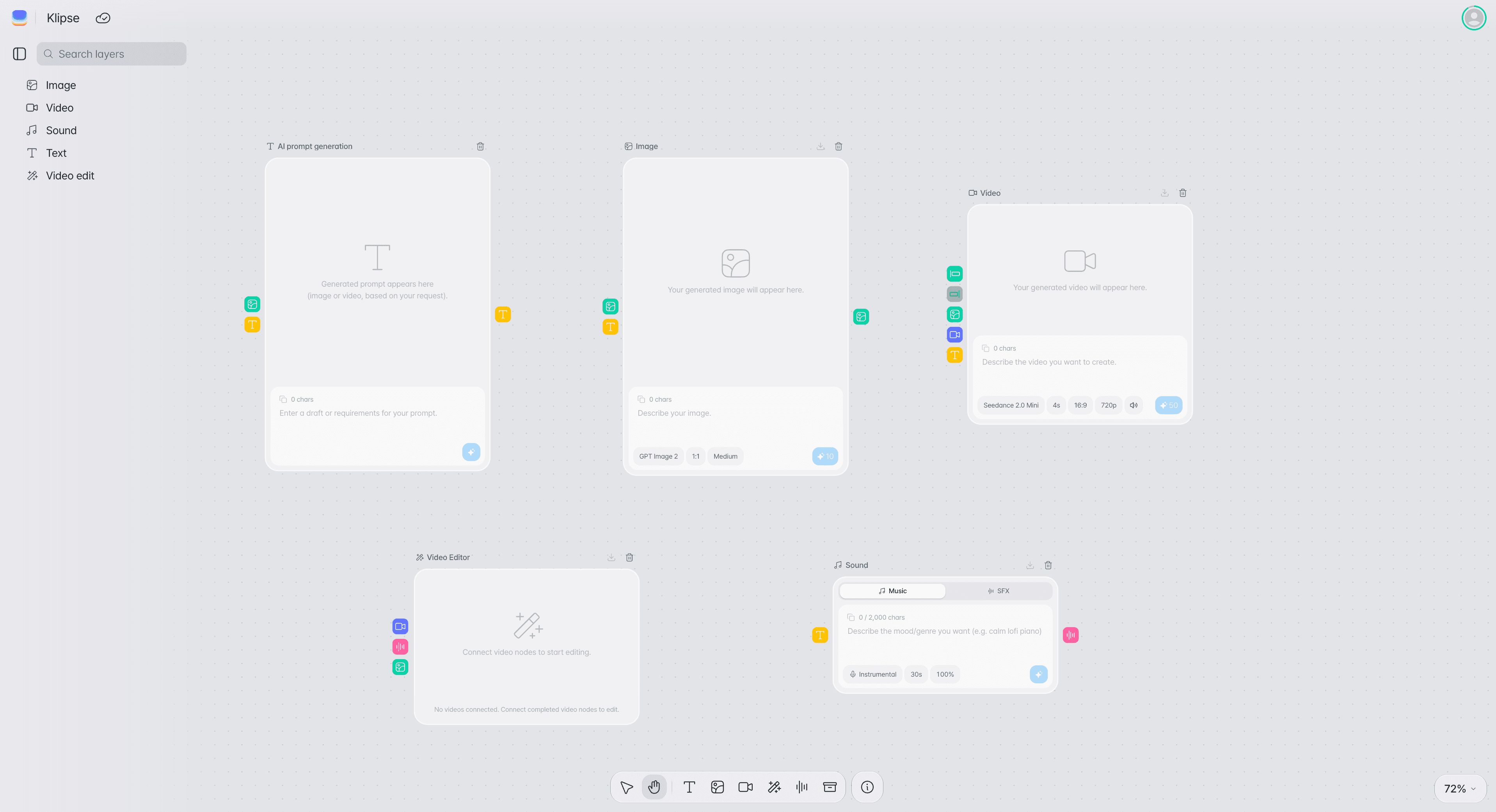 The settings area of the AI prompt, image, video, video editor, and sound nodes