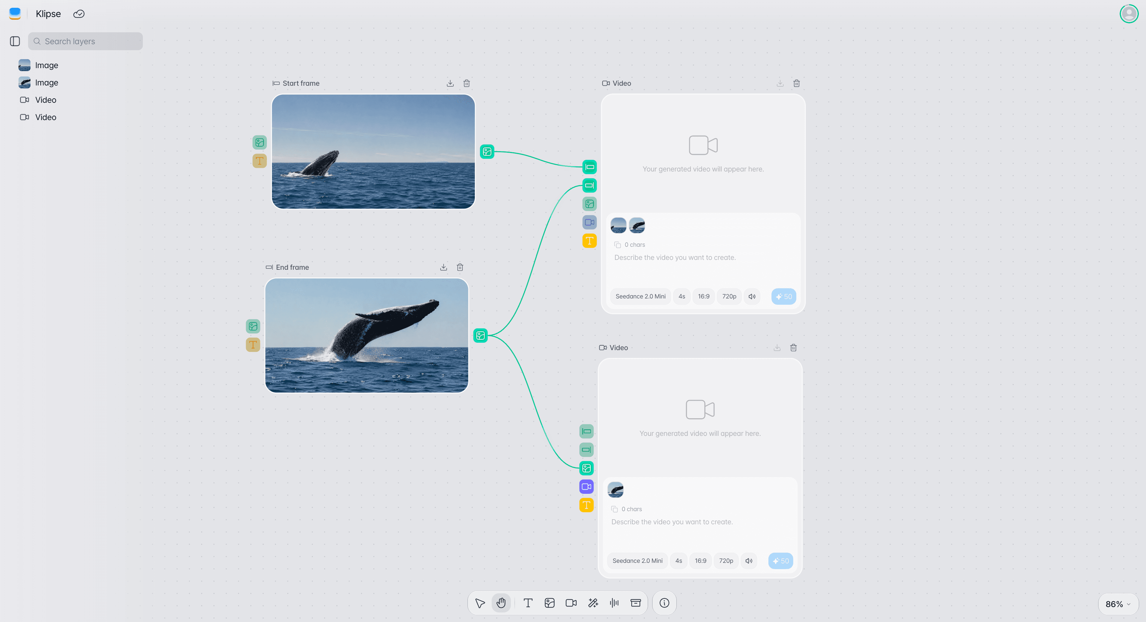 A canvas with two uploaded images connected as the start and end frames of a video node