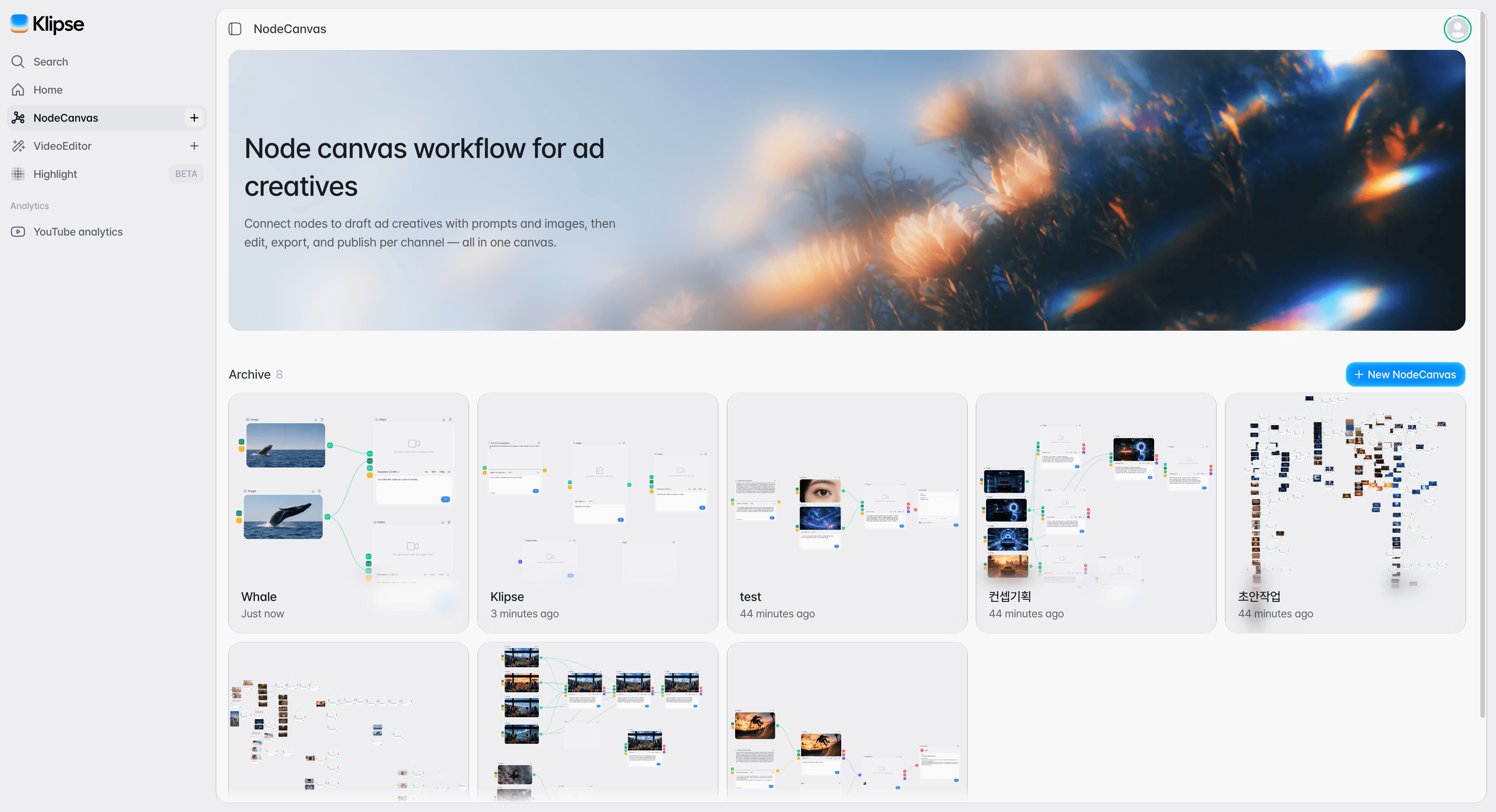 The NodeCanvas project list with saved project cards