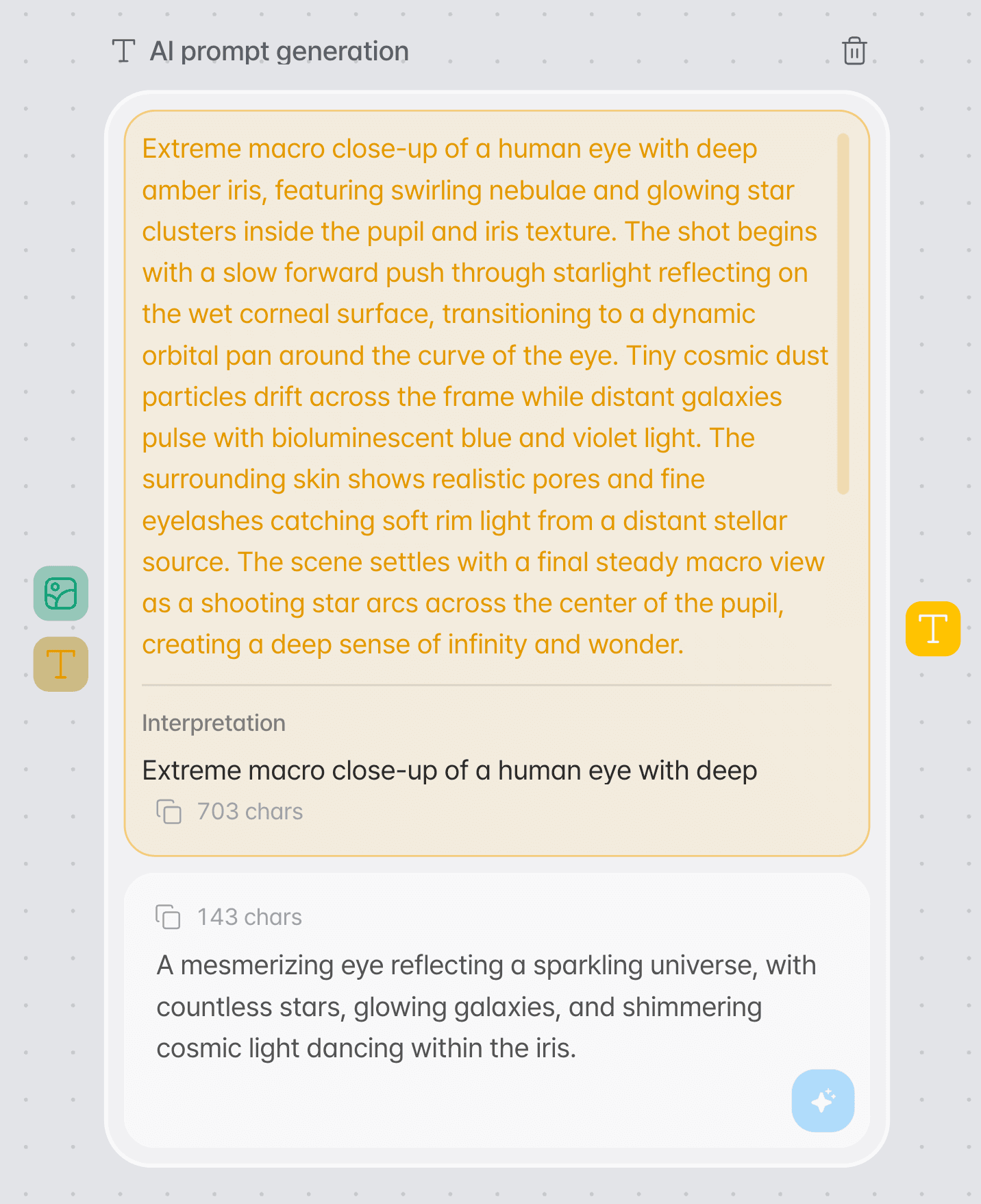 An AI prompt generation node showing the generated prompt and its interpretation