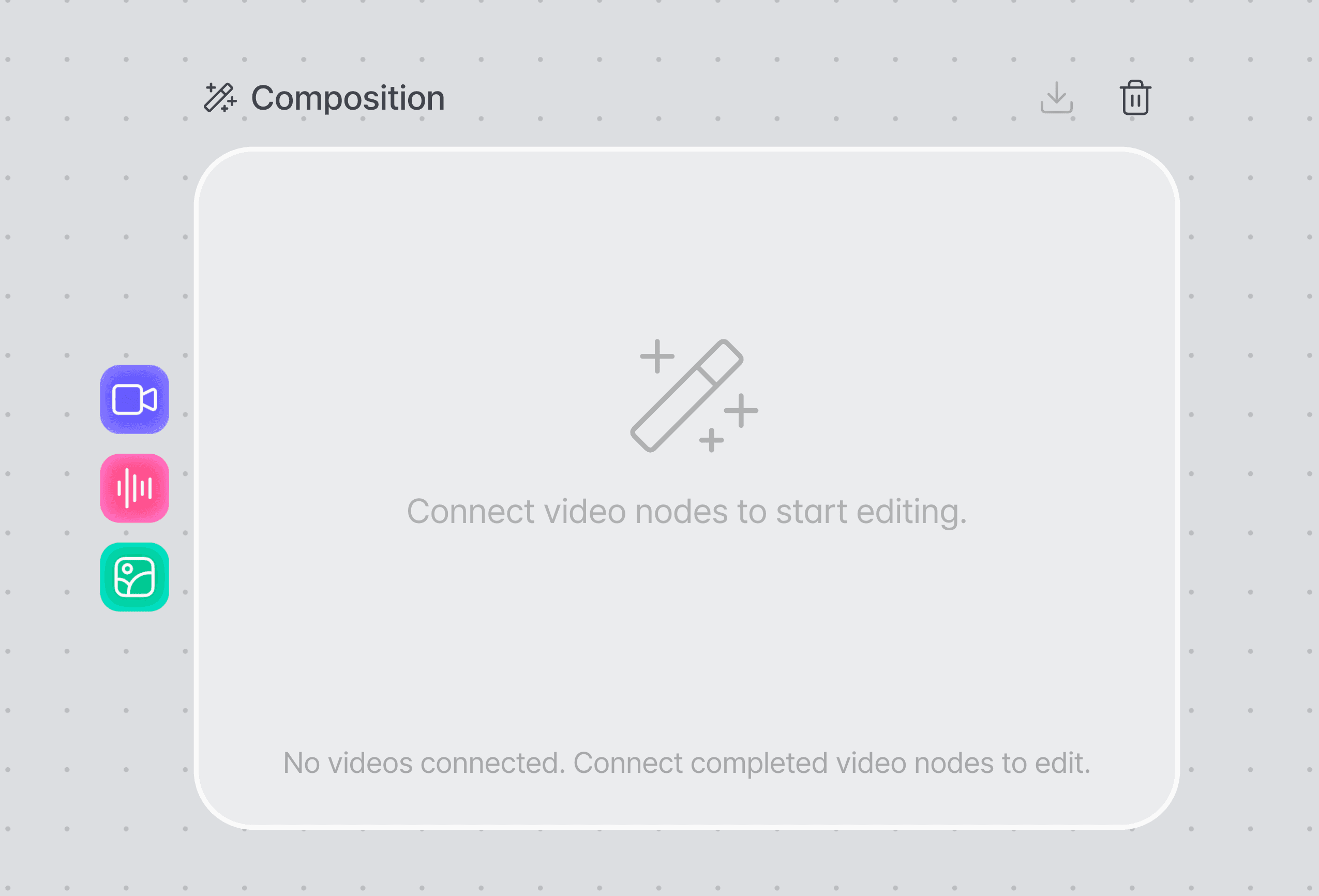 An empty Composition node showing its video, audio, and image input points