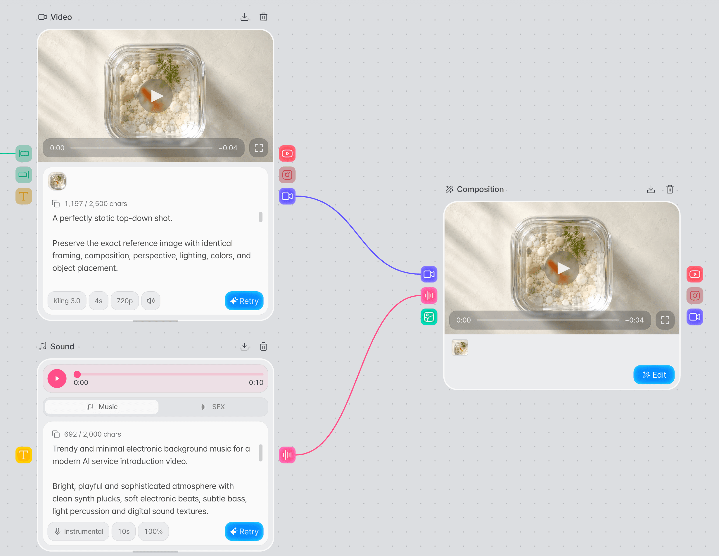 A Composition node with a video and a sound node connected and the edit button active