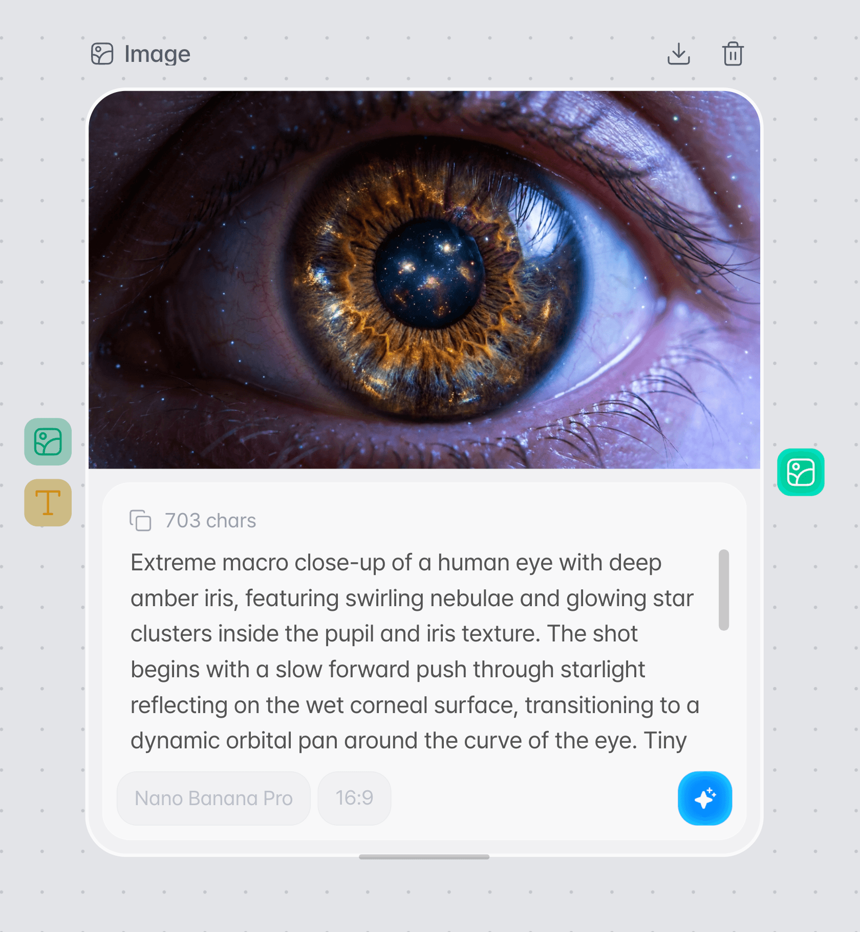 An image node showing the generated image with its prompt and model and ratio settings