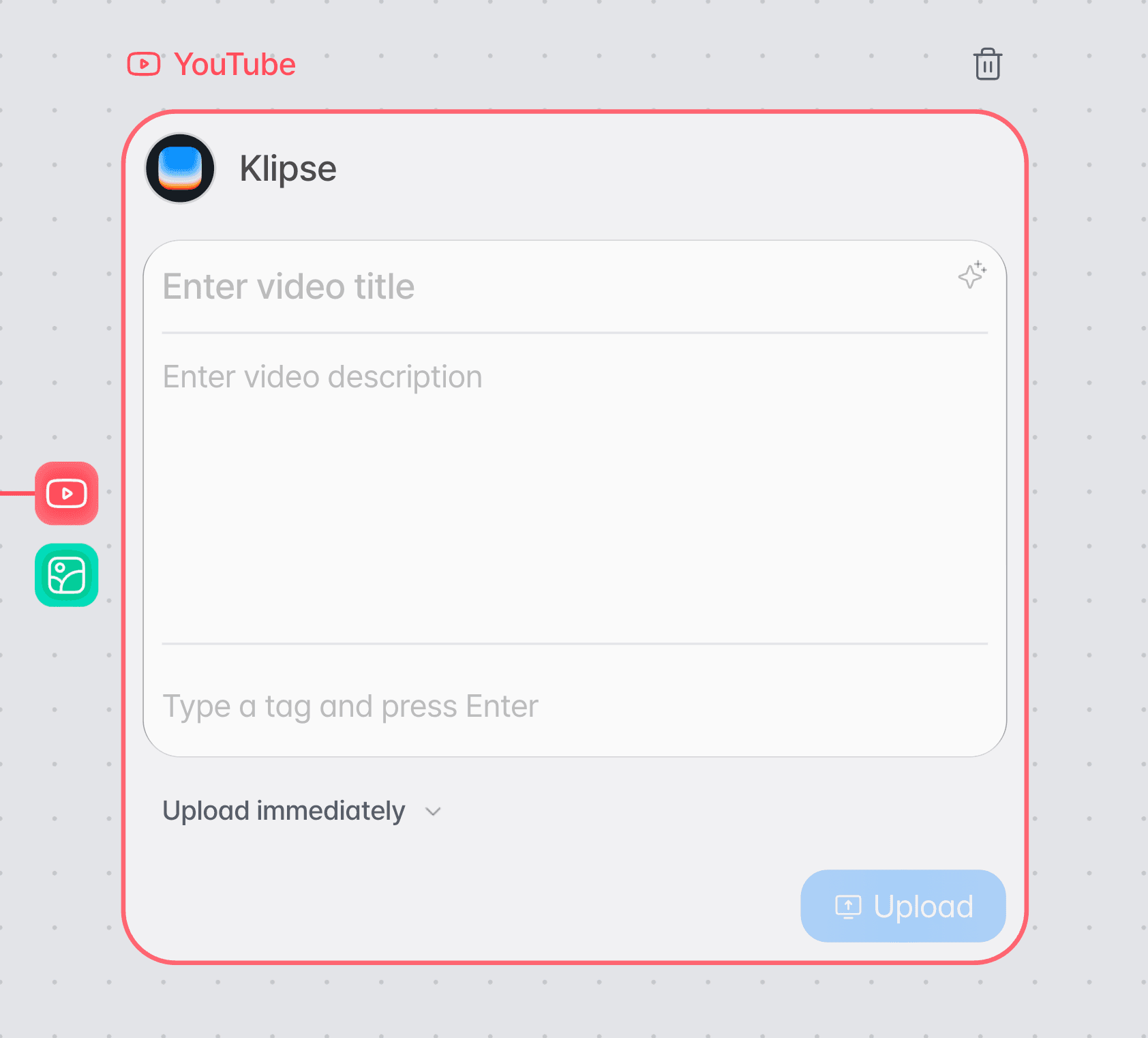 The YouTube upload node with the title, description, and tag fields all empty