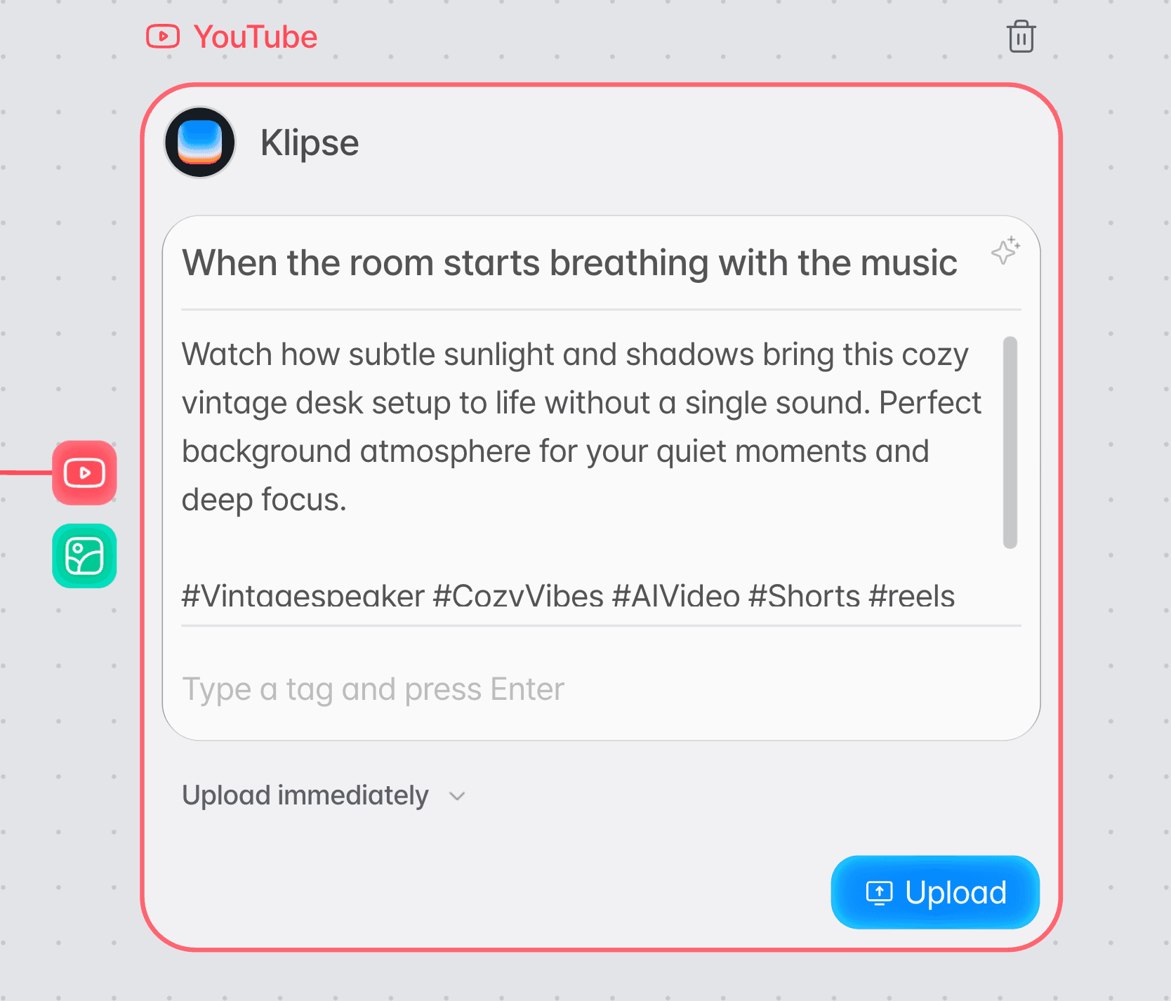 The YouTube upload node filled in with an AI-written title, description, and hashtags
