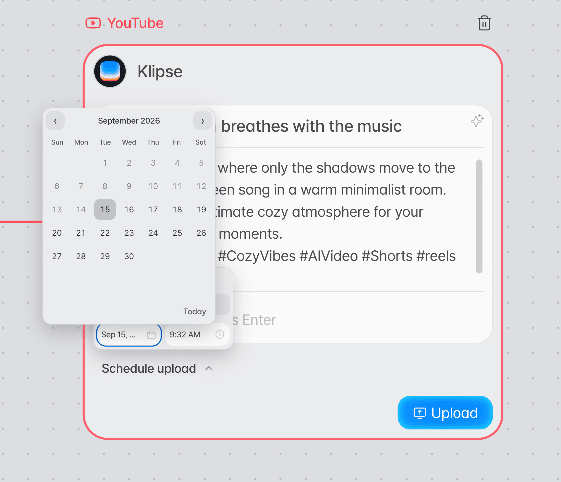 YouTube scheduled upload date picker calendar
