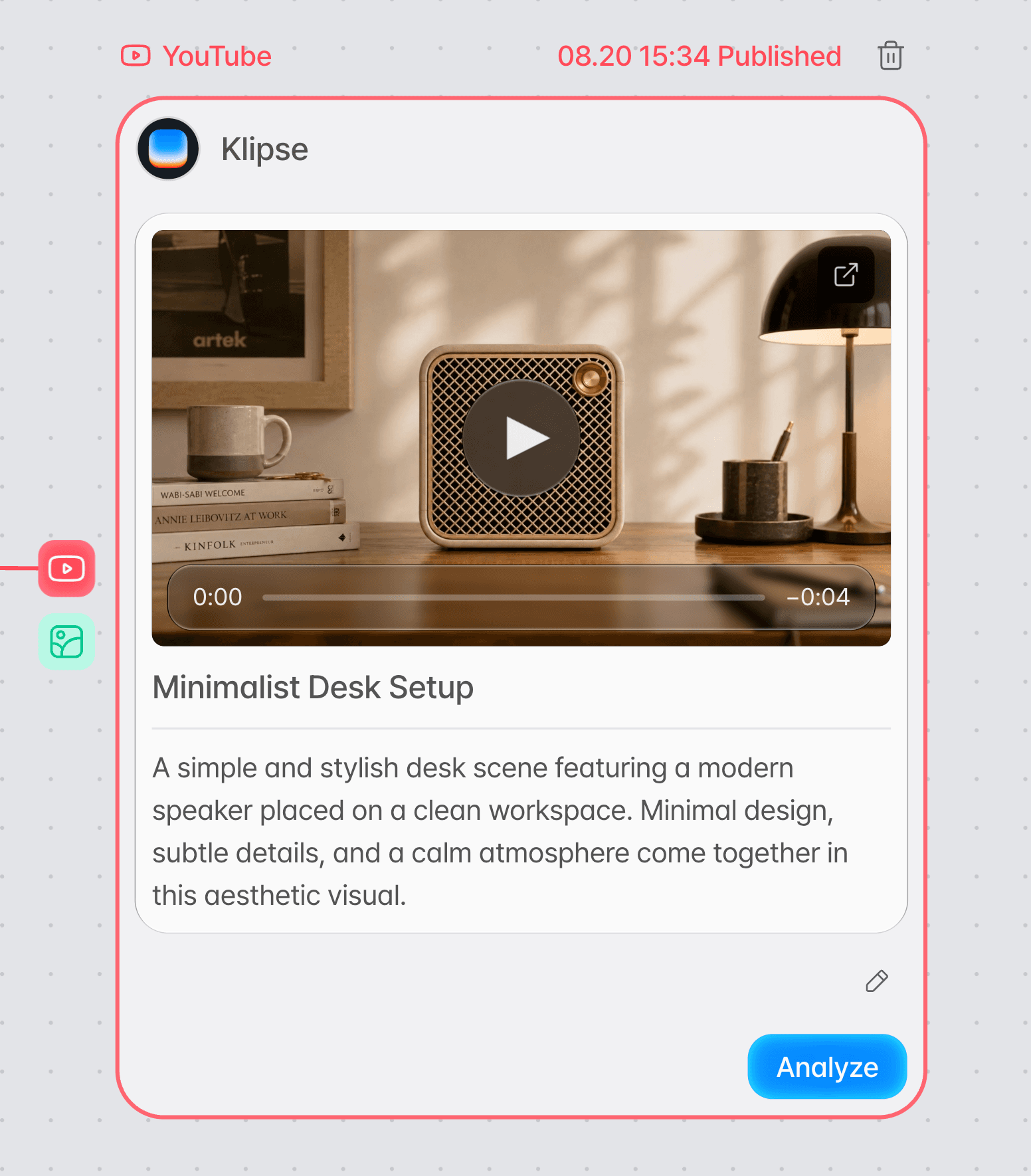The YouTube node after upload, showing the publish time with the title and description